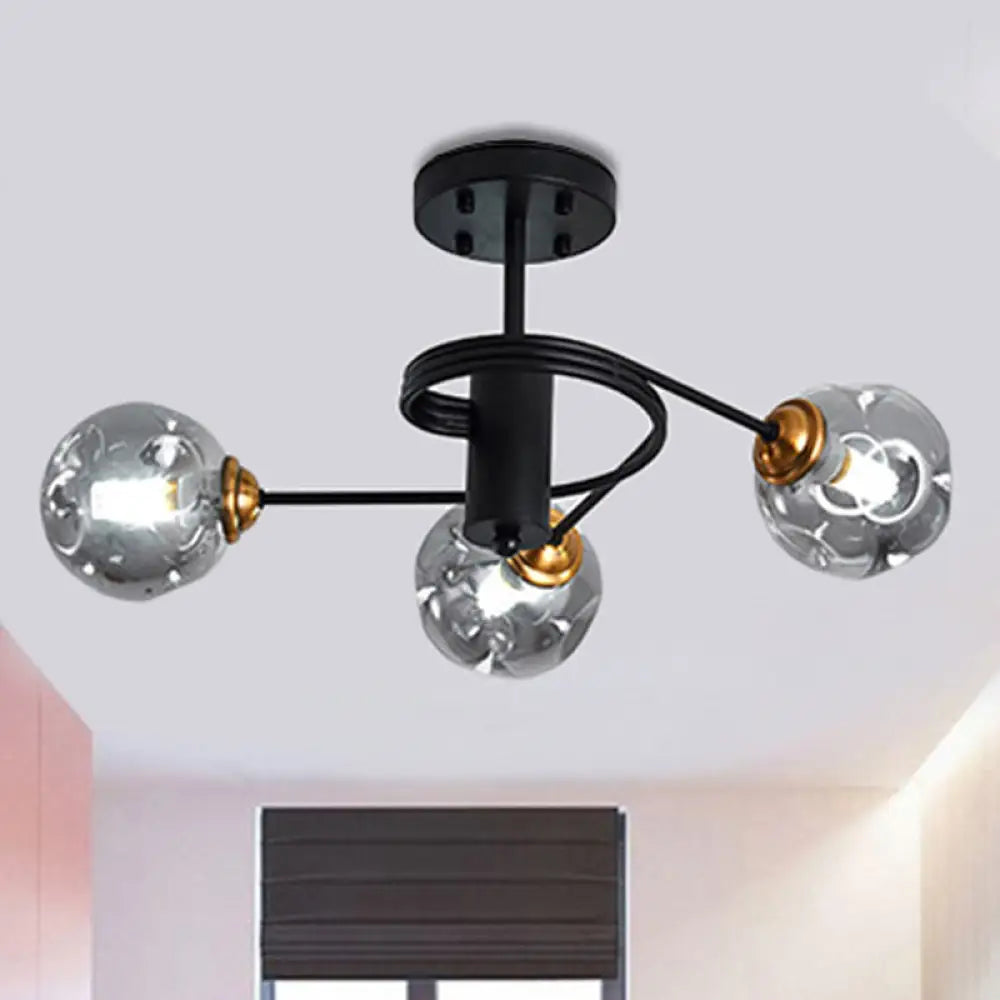 Sleek Black Modernist Semi-Flush Ceiling Light With Amber/Smoke Dimpled Glass Shades - Perfect For