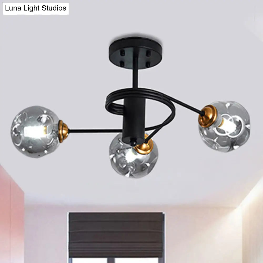 Modernist Black Semi Flush Ceiling Light With 3/5 Ball Amber/Smoke Blown Glass Shades 3 / Smoke Gray