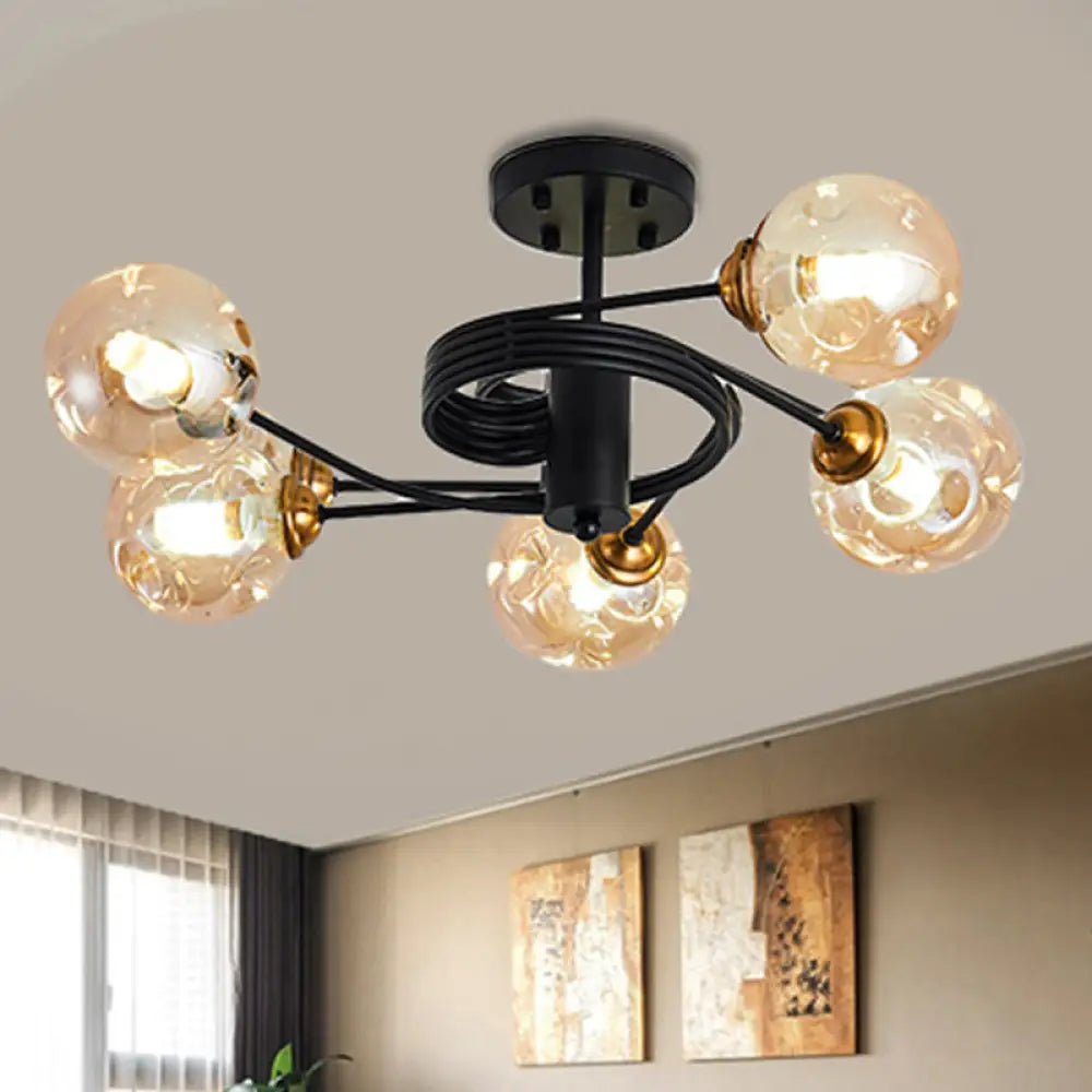 Sleek Black Modernist Semi-Flush Ceiling Light With Amber/Smoke Dimpled Glass Shades - Perfect For