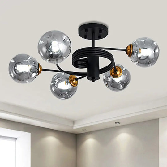 Sleek Black Modernist Semi-Flush Ceiling Light With Amber/Smoke Dimpled Glass Shades - Perfect For