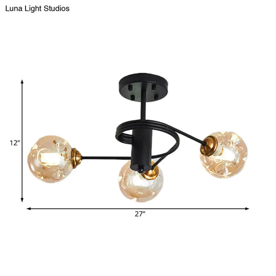 Sleek Black Modernist Semi-Flush Ceiling Light With Amber/Smoke Dimpled Glass Shades - Perfect For