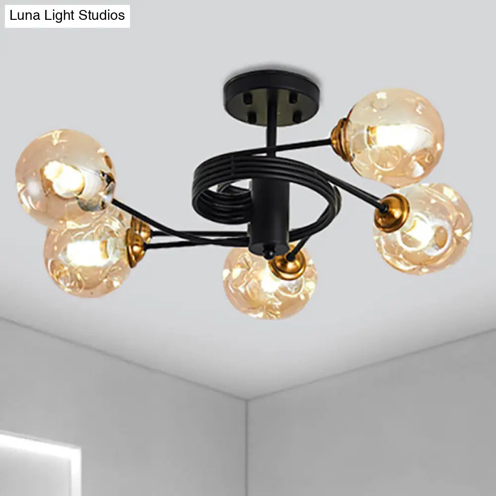 Modernist Black Semi Flush Ceiling Light With 3/5 Ball Amber/Smoke Blown Glass Shades