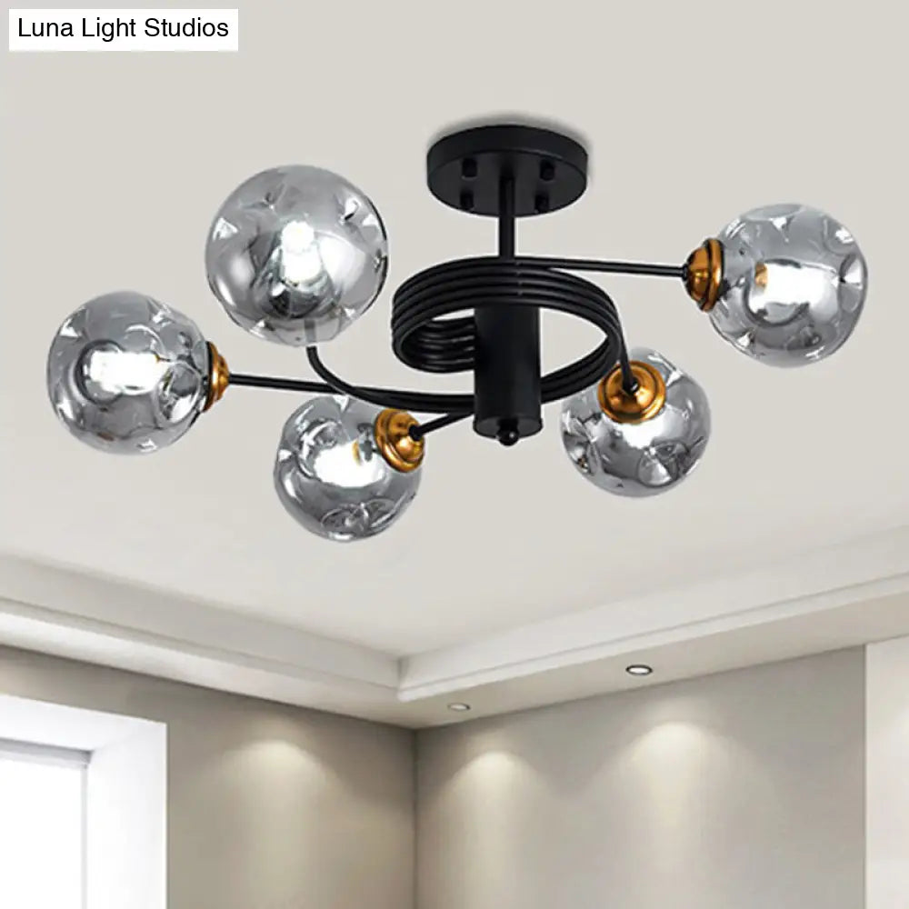 Modernist Black Semi Flush Ceiling Light With 3/5 Ball Amber/Smoke Blown Glass Shades 5 / Smoke Gray