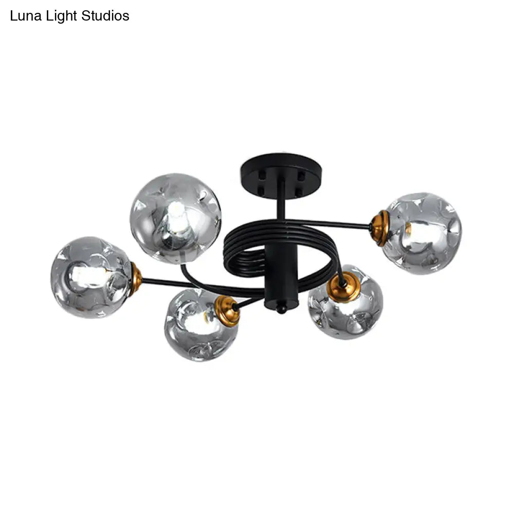 Modernist Black Semi Flush Ceiling Light With 3/5 Ball Amber/Smoke Blown Glass Shades