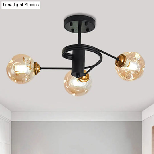 Modernist Black Semi Flush Ceiling Light With 3/5 Ball Amber/Smoke Blown Glass Shades 3 / Amber