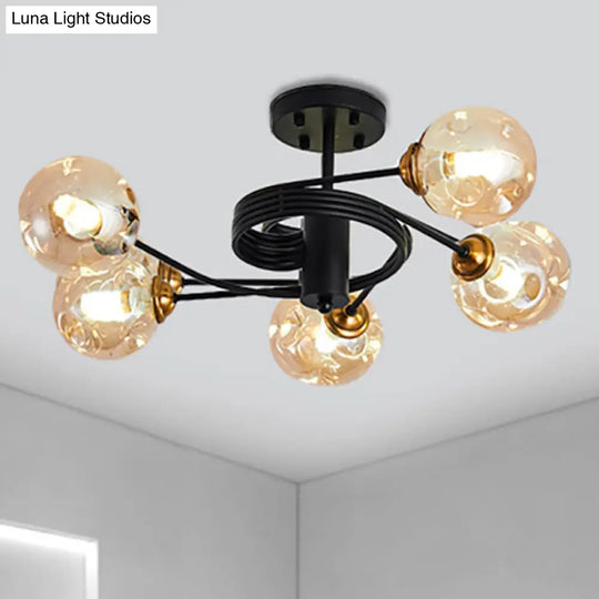 Sleek Black Modernist Semi-Flush Ceiling Light With Amber/Smoke Dimpled Glass Shades - Perfect For