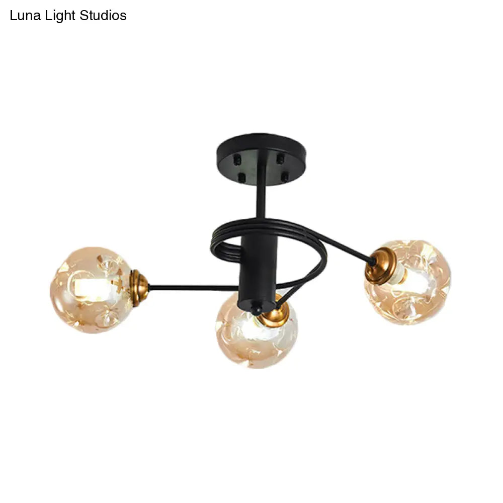 Sleek Black Modernist Semi-Flush Ceiling Light With Amber/Smoke Dimpled Glass Shades - Perfect For