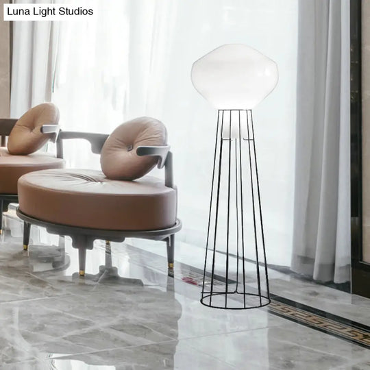 Sleek Black/Rose Gold Geometric Floor Lamp With Dome Cage - Minimalistic Metal Stand Up Light For