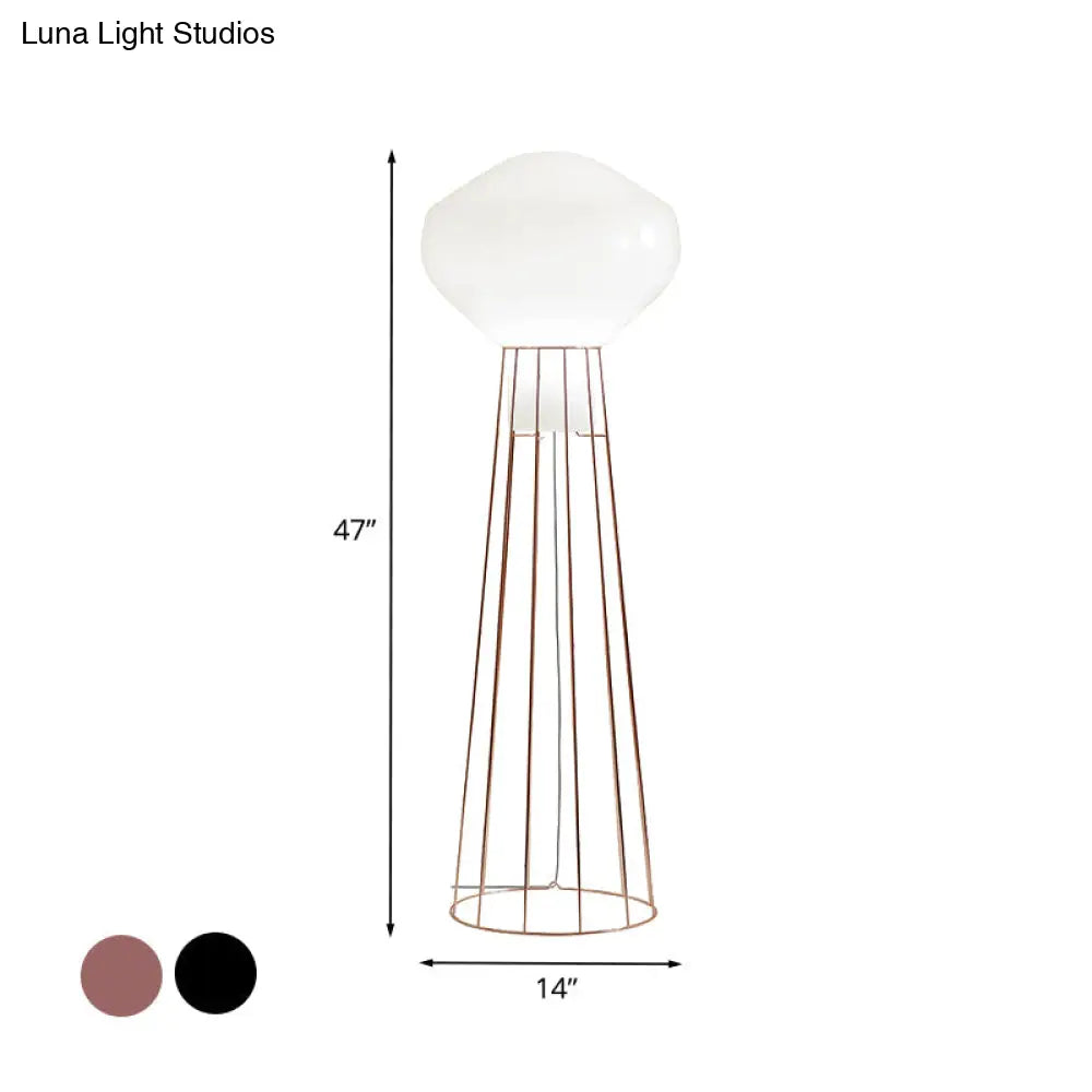 Sleek Black/Rose Gold Geometric Floor Lamp With Dome Cage - Minimalistic Metal Stand Up Light For