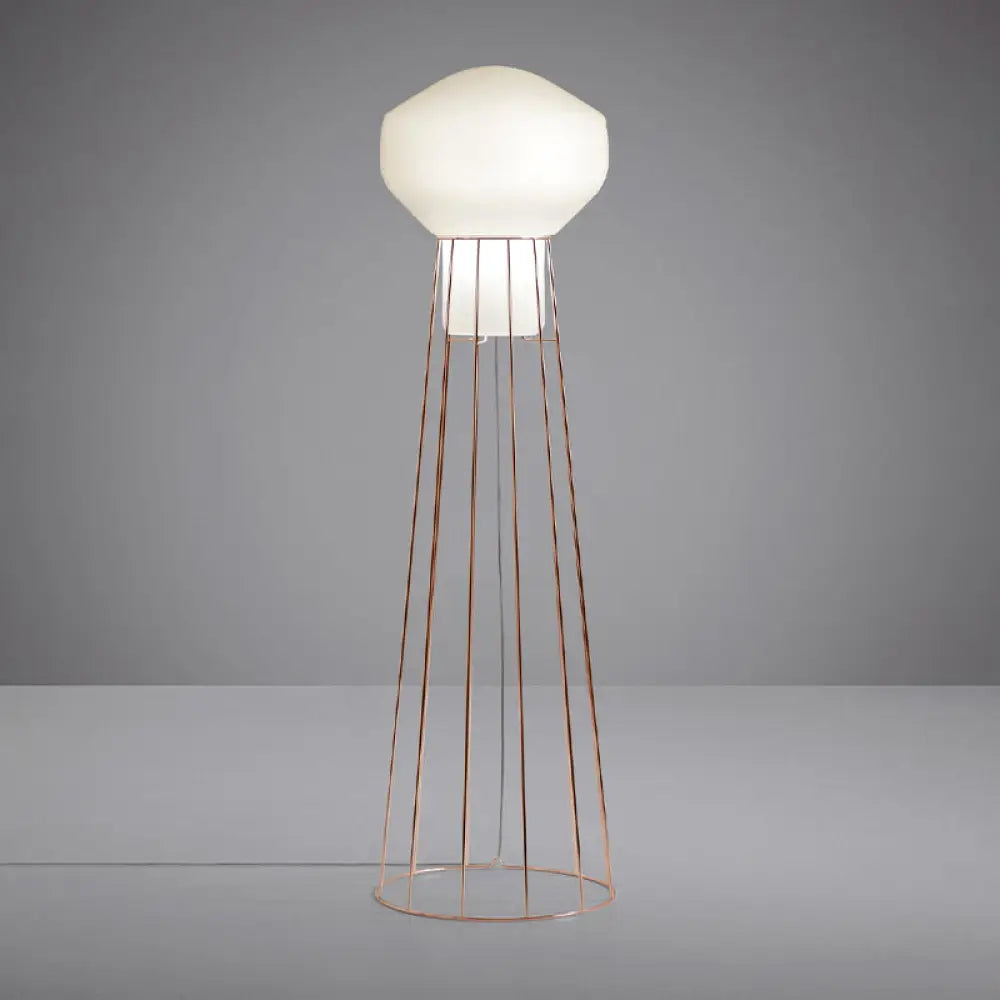 Sleek Black/Rose Gold Geometric Floor Lamp With Dome Cage - Minimalistic Metal Stand Up Light For