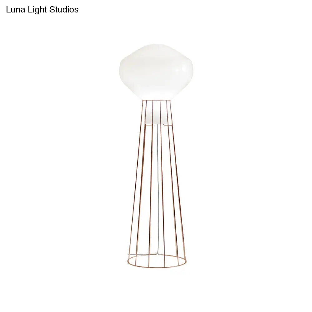 Sleek Black/Rose Gold Geometric Floor Lamp With Dome Cage - Minimalistic Metal Stand Up Light For