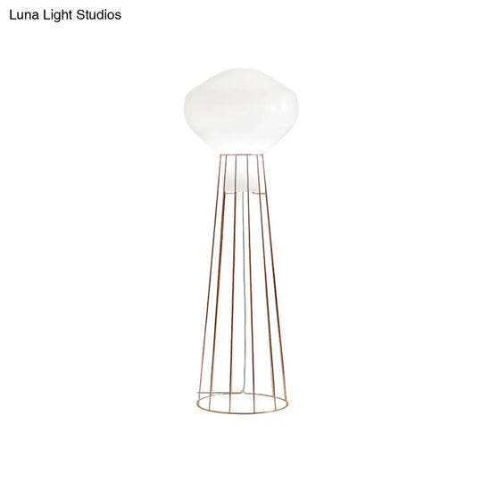 Sleek Black/Rose Gold Geometric Floor Lamp With Dome Cage - Minimalistic Metal Stand Up Light For