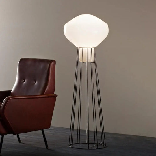 Sleek Black/Rose Gold Geometric Floor Lamp With Dome Cage - Minimalistic Metal Stand Up Light For