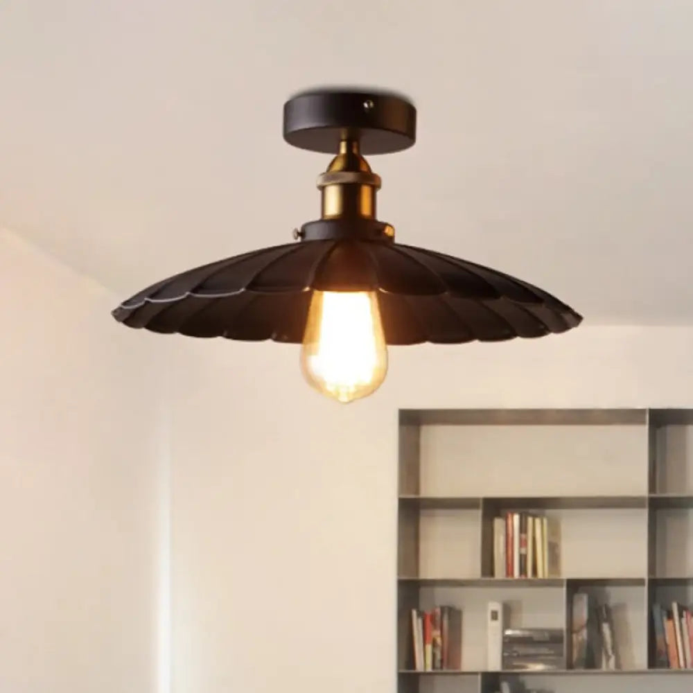 Sleek Black Single Dining Room Ceiling Light - Umbrella Semi Flush Mount / 14’ Scalloped