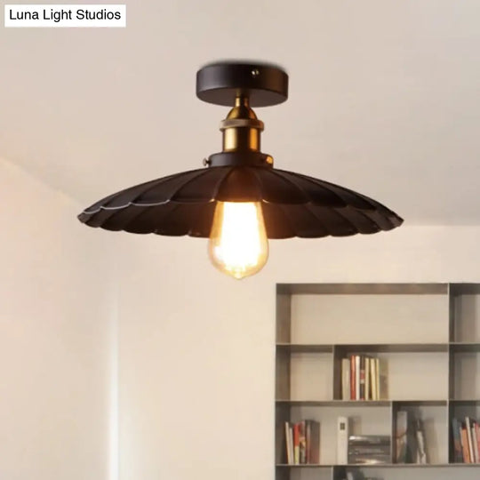 Sleek Black Single Dining Room Ceiling Light - Umbrella Semi Flush Mount / 14 Scalloped