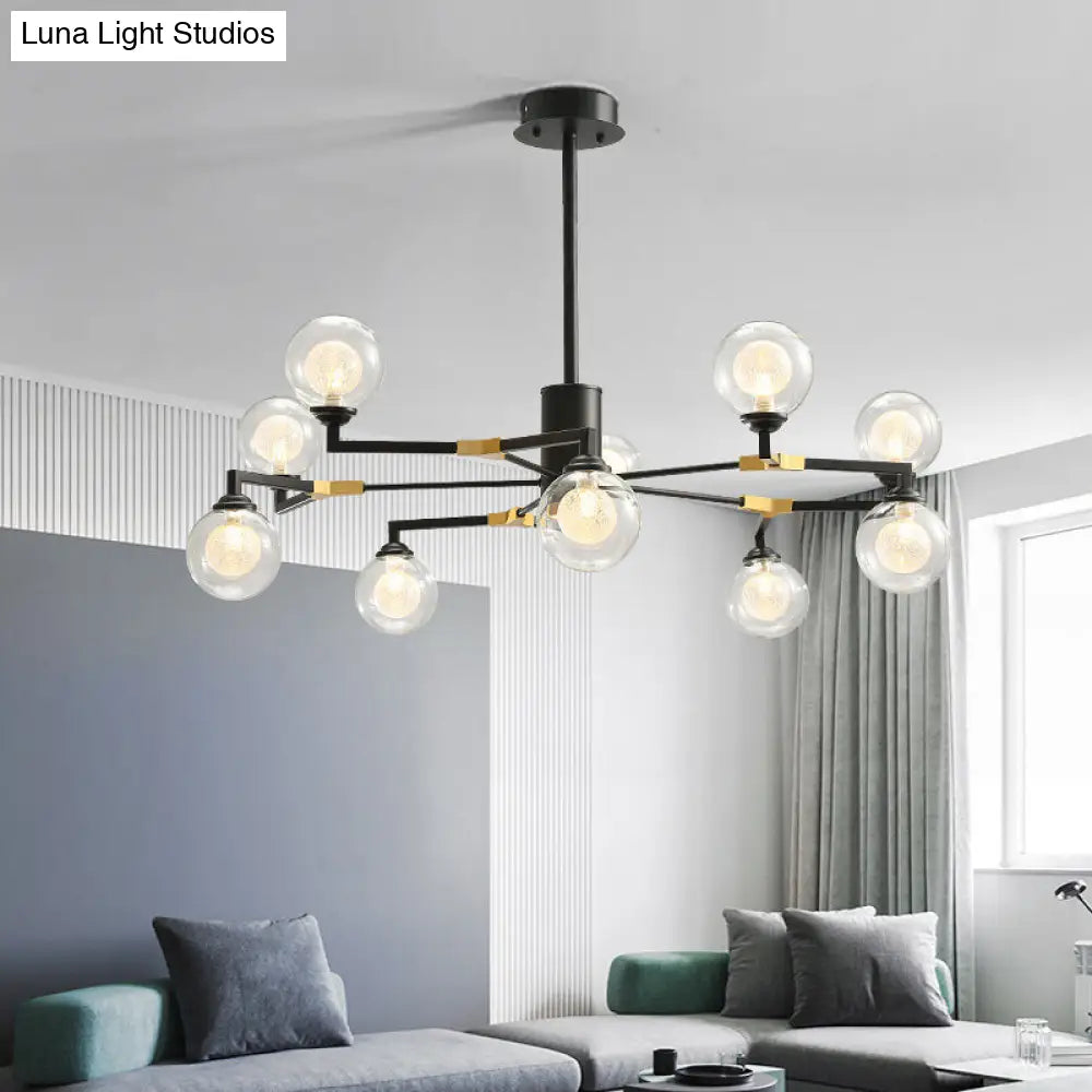 Modern Clear Glass Sphere Chandelier With 8/10 Black Pendant Lighting Heads