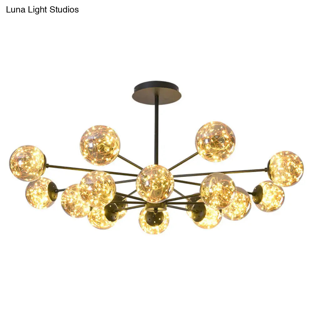 Modern Black Spherical Chandelier For Dining Room - Simplistic Ceiling Pendant Light With Glass