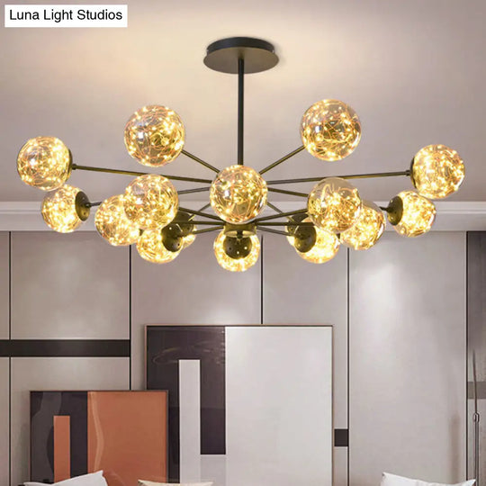 Modern Black Spherical Chandelier For Dining Room - Simplistic Ceiling Pendant Light With Glass