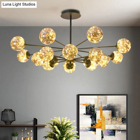 Modern Black Spherical Chandelier For Dining Room - Simplistic Ceiling Pendant Light With Glass