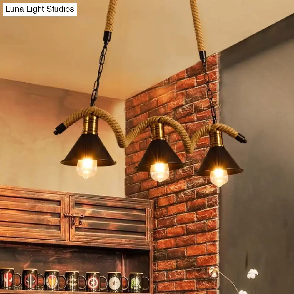 Sleek Black Spiral Rope Pendant Light Fixture With Loft Style Bar Island Lamp And Cone Shade