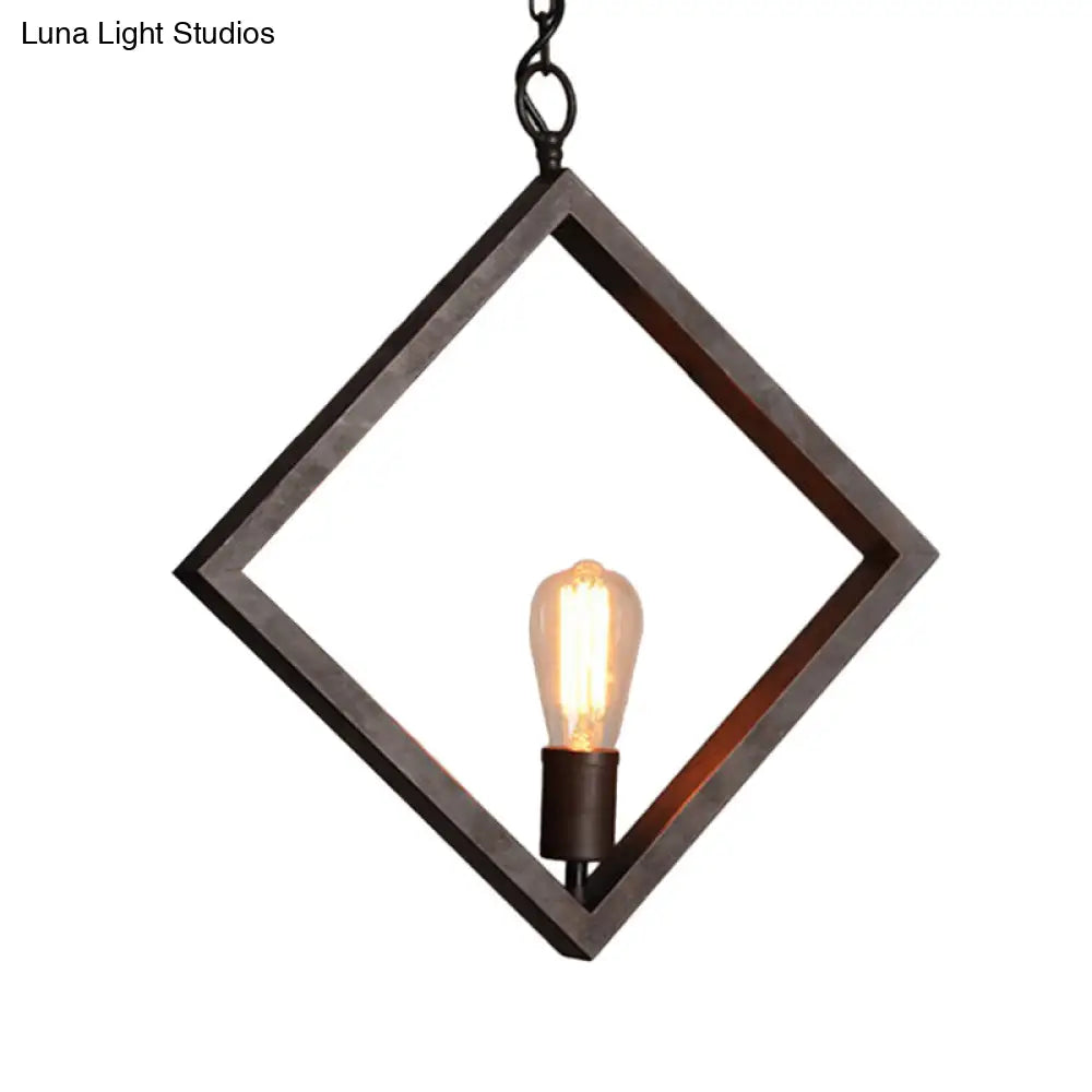 Industrial Metal Square Frame Ceiling Pendant Lamp - Black Suspension Light With Bare Bulb Design
