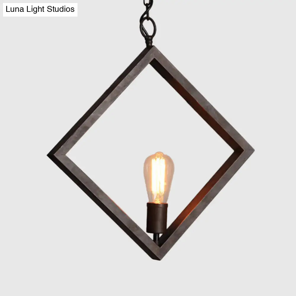 Industrial Metal Square Frame Ceiling Pendant Lamp - Black Suspension Light With Bare Bulb Design