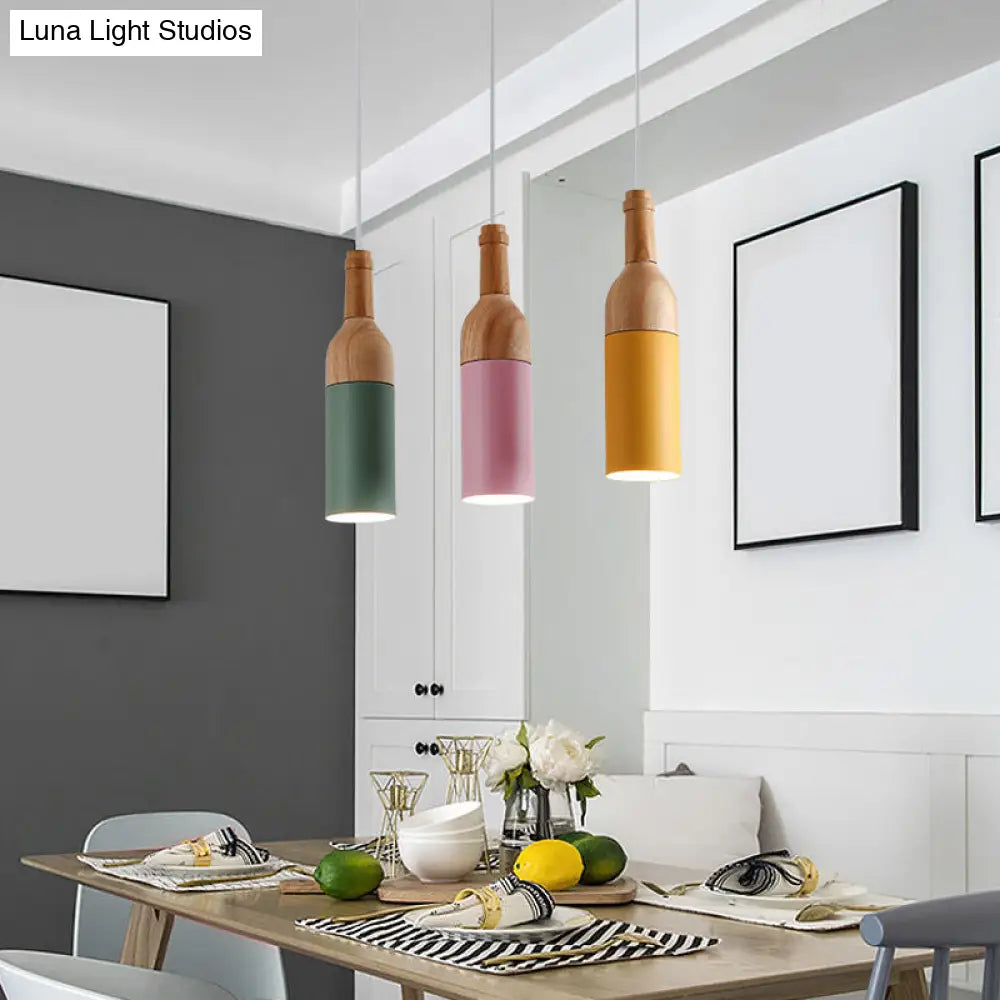 Sleek Bottle Shaped Pendant Light - Simplicity Metal Cluster 3-Light Wood Suspension Lamp For Dining