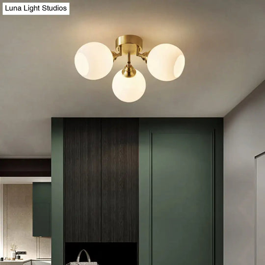 Sleek Brass Domed Semi Flush Mount Ceiling Lamp With Cream Glass - Stylish Bedroom Lighting 3 /
