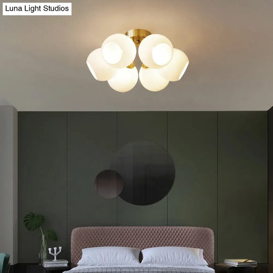 Sleek Brass Domed Semi Flush Mount Ceiling Lamp With Cream Glass - Stylish Bedroom Lighting