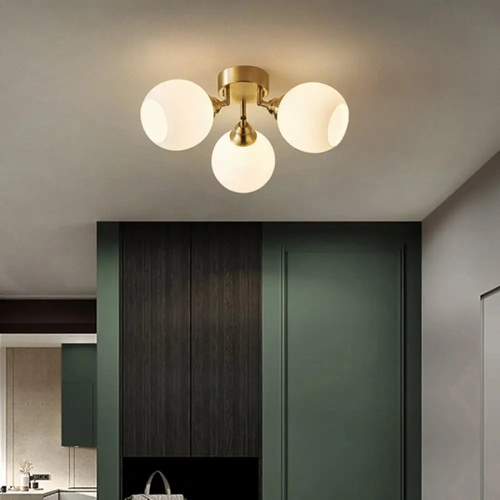 Sleek Brass Domed Semi Flush Mount Ceiling Lamp With Cream Glass - Stylish Bedroom Lighting 3 /