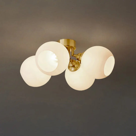 Sleek Brass Domed Semi Flush Mount Ceiling Lamp With Cream Glass - Stylish Bedroom Lighting 4 /