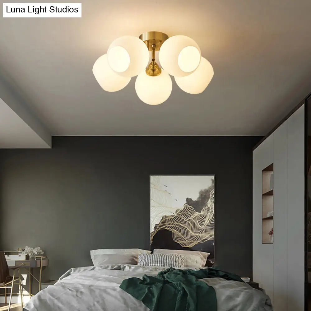 Sleek Brass Domed Semi Flush Mount Ceiling Lamp With Cream Glass - Stylish Bedroom Lighting 5 /