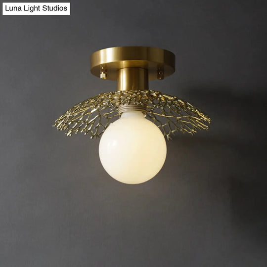 Sleek Brass Flush Lamp With Modern Cottage Cage Design - Single Head Metallic Semi Ceiling Light