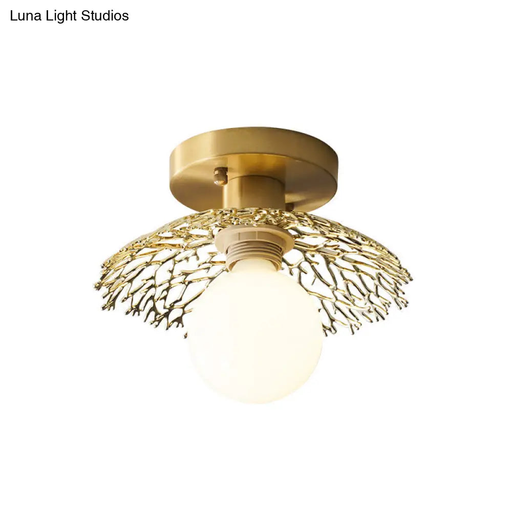 Sleek Brass Flush Lamp With Modern Cottage Cage Design - Single Head Metallic Semi Ceiling Light