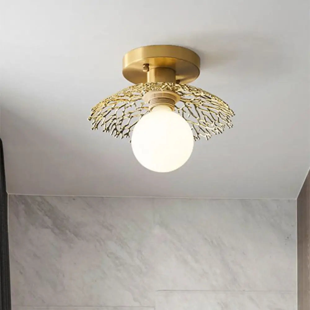 Sleek Brass Flush Lamp With Modern Cottage Cage Design - Single Head Metallic Semi Ceiling Light