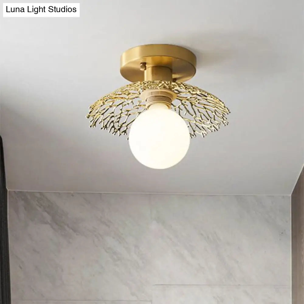 Sleek Brass Flush Lamp With Modern Cottage Cage Design - Single Head Metallic Semi Ceiling Light