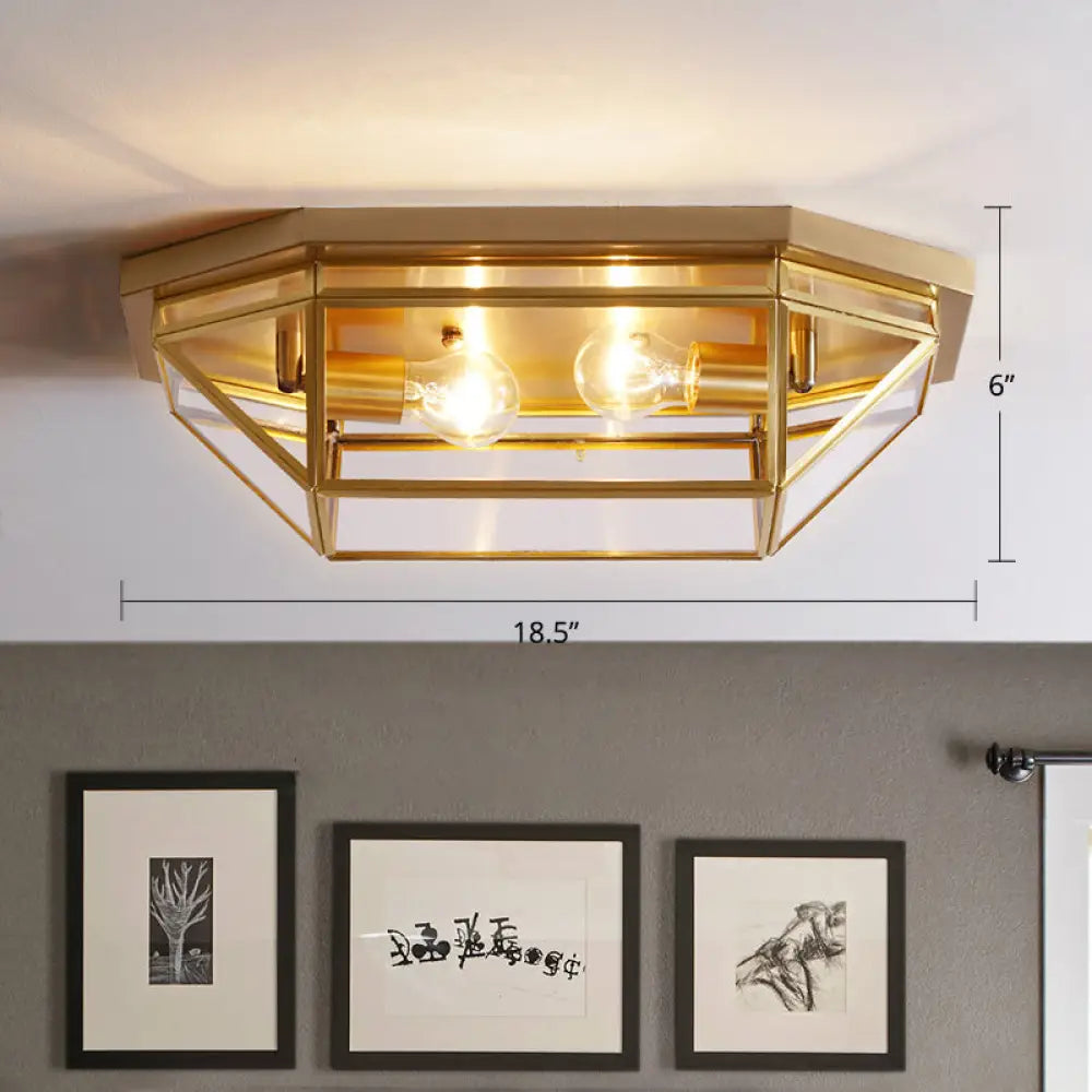 Sleek Brass Flush Mount Ceiling Lamp With Geometric Design - 2 - Light Fixture For Balcony Clear