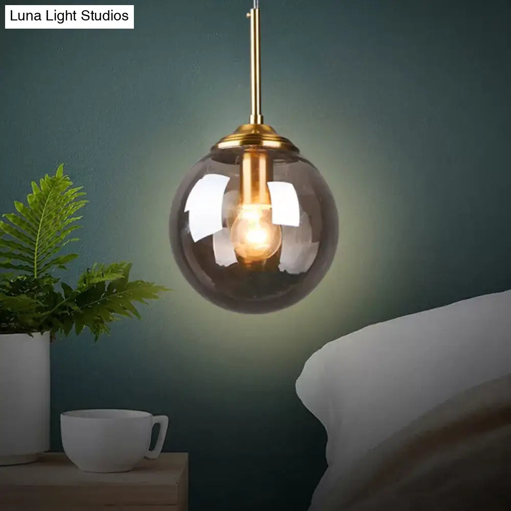 Brass Pendant Lamp With Spherical Amber/Smoke Glass Shade For Dining Room Ceiling Smoke Gray