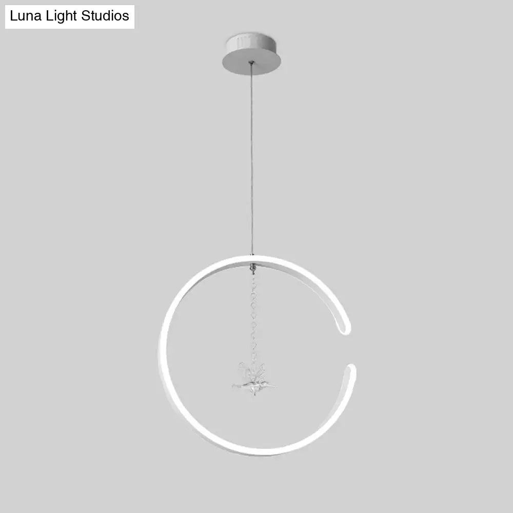 Sleek Metal C-Shape Suspension Led Hanging Lamp Kit With Crystal Bird Accent In Warm/White Light -