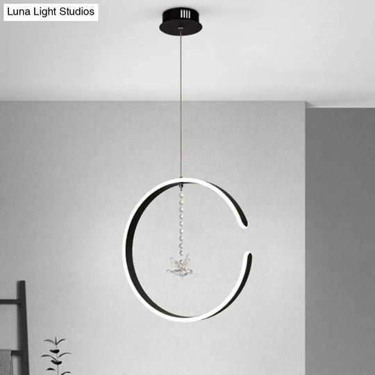 Sleek Metal C-Shape Suspension Led Hanging Lamp Kit With Crystal Bird Accent In Warm/White Light -