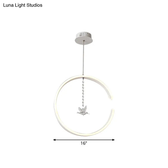 Sleek Metal C-Shape Suspension Led Hanging Lamp Kit With Crystal Bird Accent In Warm/White Light -