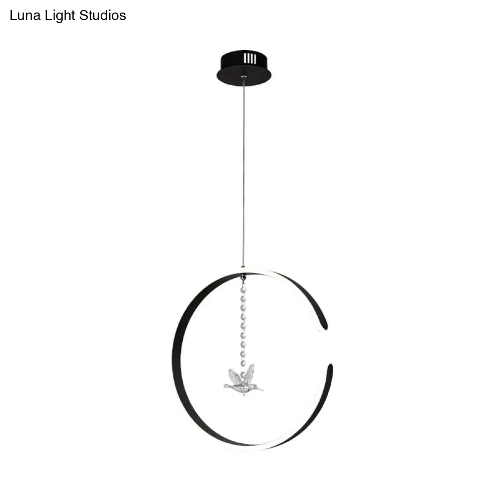 Sleek Metal C-Shape Suspension Led Hanging Lamp Kit With Crystal Bird Accent In Warm/White Light -