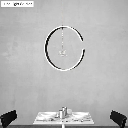 Sleek Metal C-Shape Suspension Led Hanging Lamp Kit With Crystal Bird Accent In Warm/White Light -