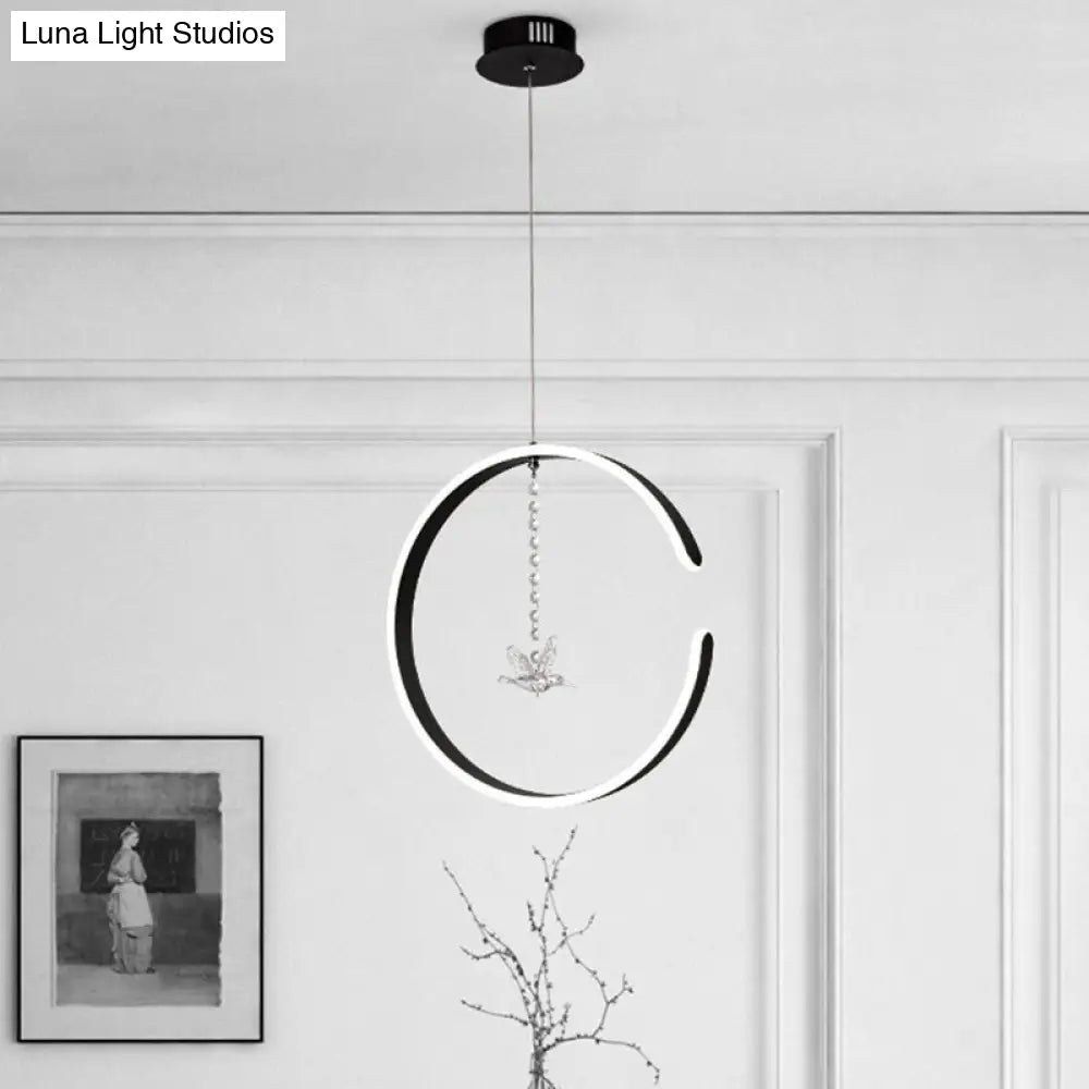 Sleek Metal C-Shape Suspension Led Hanging Lamp Kit With Crystal Bird Accent In Warm/White Light -