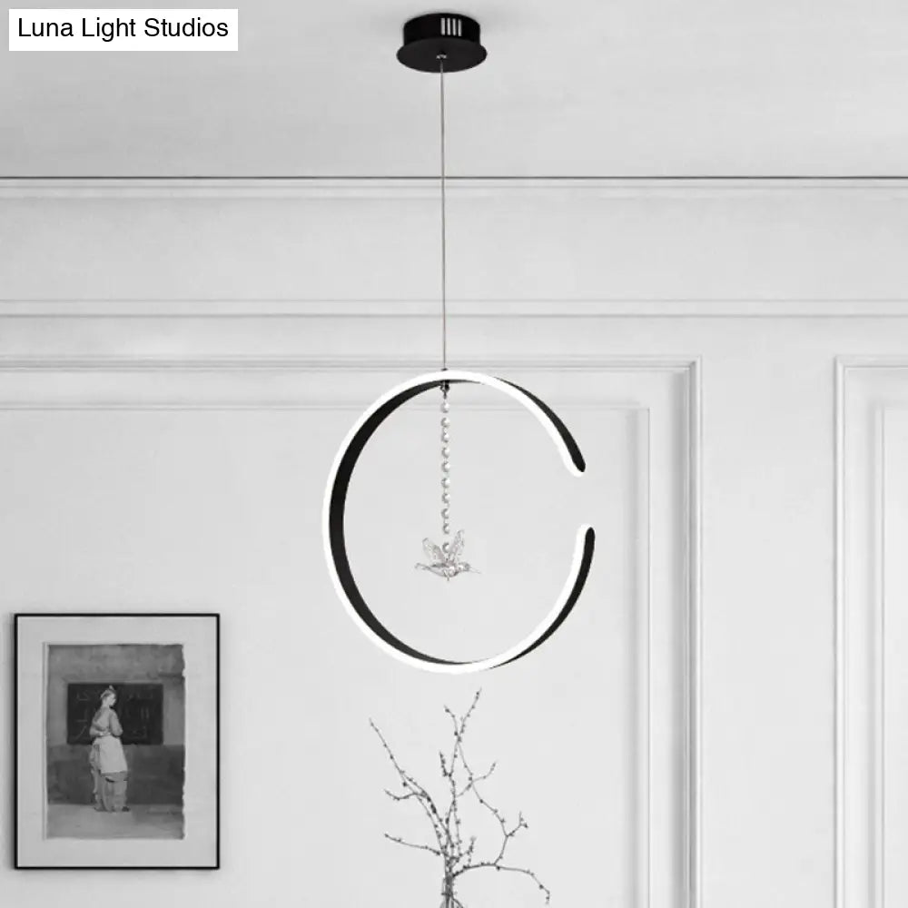 Sleek C-Shape Metal Suspension Lighting With Crystal Bird - Led Hanging Lamp Kit In Warm/White Light