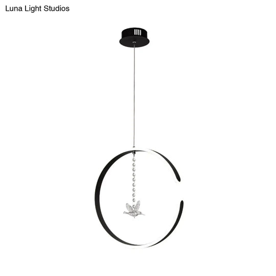 Sleek C-Shape Metal Suspension Lighting With Crystal Bird - Led Hanging Lamp Kit In Warm/White Light