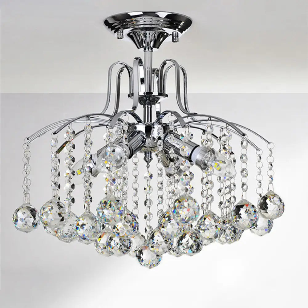 Sleek Cascade Ceiling Fixture Crystal Ball - 8 - Head Semi Flush Light In Chrome For Living Room