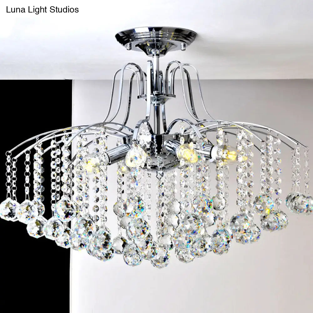 Sleek Cascade Ceiling Fixture Crystal Ball - 8 - Head Semi Flush Light In Chrome For Living Room