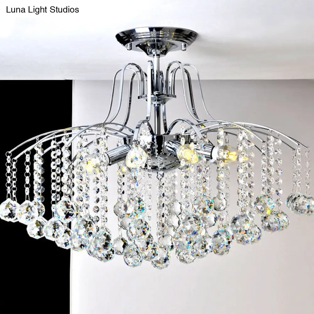 Sleek Cascade Ceiling Fixture Crystal Ball - 8-Head Semi Flush Light In Chrome For Living Room