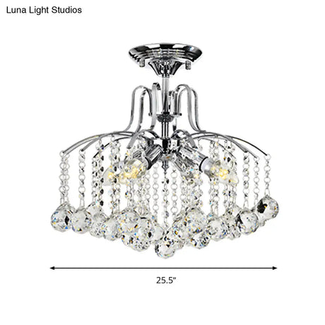 Sleek Cascade Ceiling Fixture Crystal Ball - 8 - Head Semi Flush Light In Chrome For Living Room